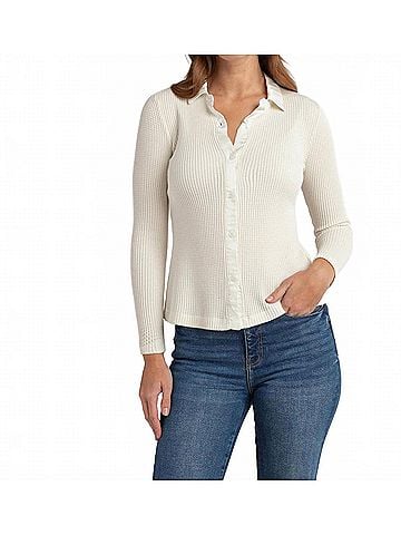 Red Haute Collared Button Down Top in Ivory (view 2)