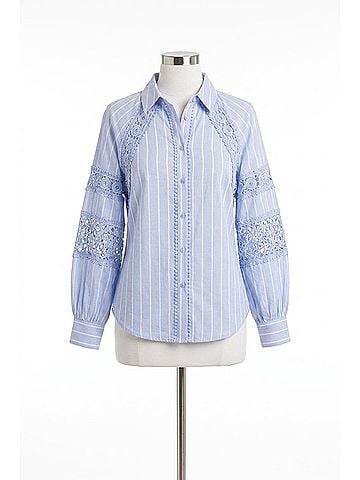 Hester & Orchard Striped Crochet Lace Button Down Blouse in Blue White (view 1)
