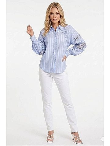 Hester & Orchard Striped Crochet Lace Button Down Blouse in Blue White (view 2)