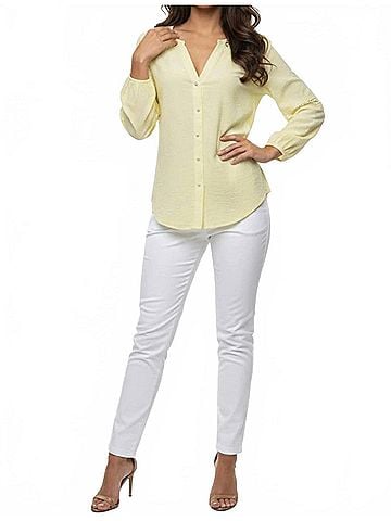 Hester & Orchard Lace-Trim Split Neck Button-Down Blouse in Yellow (view 2)