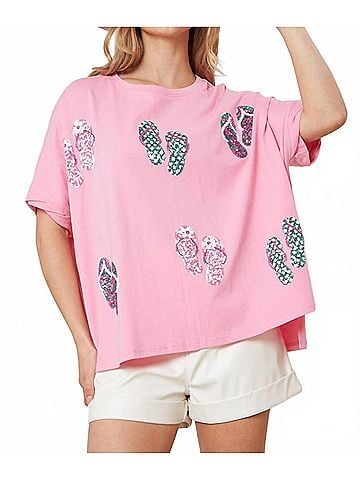 Fantastic Fawn Sequin Flip Flops Tee in Pink (view 2)