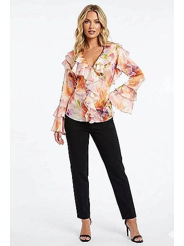 Hester & Orchard Vibrant Abstract Floral Ruffle Statement Blouse in Multi (view 2)