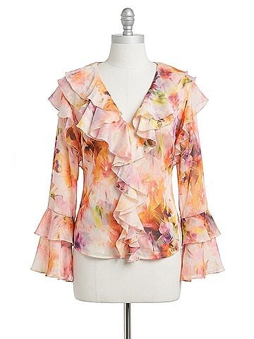 Hester & Orchard Vibrant Abstract Floral Ruffle Statement Blouse in Multi (view 1)