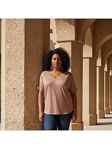 Ideology Classic Short Sleeve V-Neck Top in Tan (view 2)