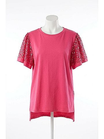 Fantastic Fawn Oversized Sequin Sleeve Knit Tee in Magenta (view 1)