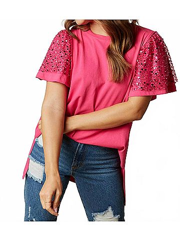Fantastic Fawn Oversized Sequin Sleeve Knit Tee in Magenta (view 2)