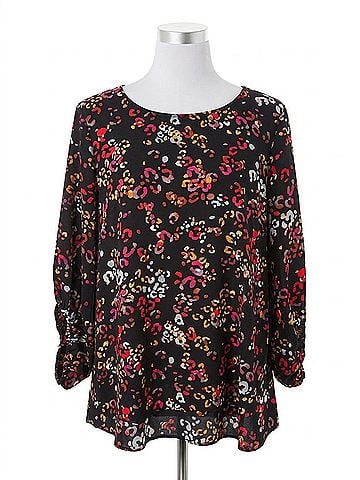 Spin Women's Round Neck Bubble Sleeve Leopard Print Blouse in Black And Fuschia (view 1)