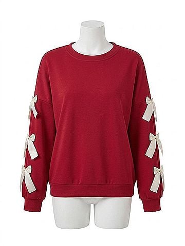 Doublju Solid Color Round Neck Bow Embellish Lace Pullover Sweatshirt in Red (view 1)