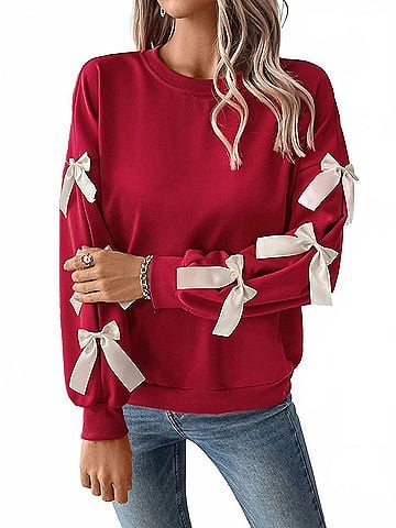 Doublju Solid Color Round Neck Bow Embellish Lace Pullover Sweatshirt in Red (view 2)
