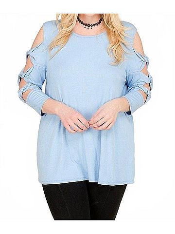 Janette Plus Twisted Cut Out 3/4 Sleeve Top - Plus in Sky Blue (view 2)
