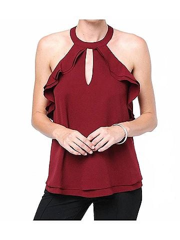 LoveRiche Two Layer Ruffle Halter Top in Wine (view 2)