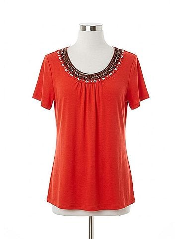 600 West Women Short Sleeve Beaded Tee in Tomato (view 1)