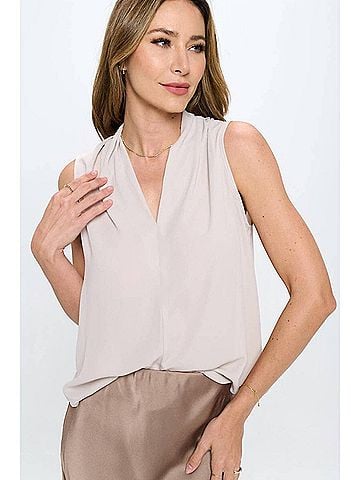 Renee Drape Neckline Solid V Neck Top in Beige (view 2)