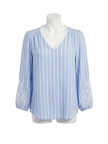 Hester & Orchard Striped Embroidered V-Neck Blouse in Blue White (view 1)