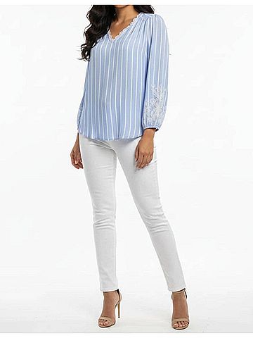 Hester & Orchard Striped Embroidered V-Neck Blouse in Blue White (view 2)