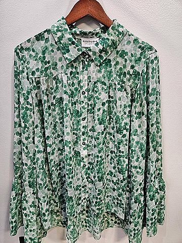 First Love Women's Sheer Long Sleeve Blouse in Green/White (view 2)