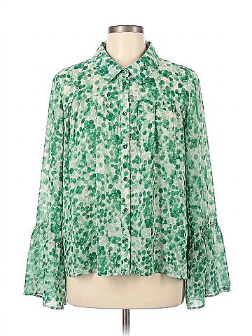 First Love Women's Sheer Long Sleeve Blouse in Green/White (view 1)