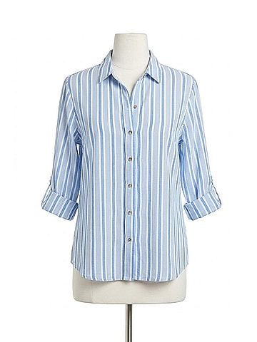 grand & greene Striped Heart-Button Blouse in Blue White (view 1)