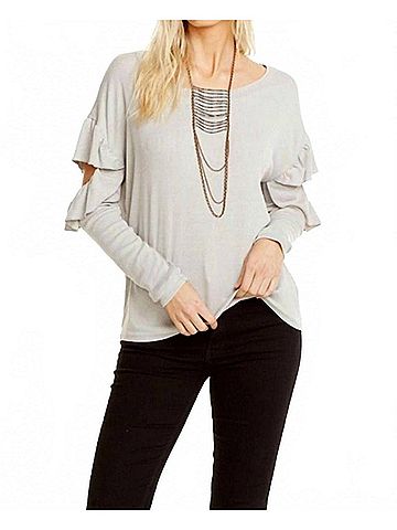 Chaser Vintage Rib Long Sleeve Vented Ruffle Dolman Top in Light Grey (view 2)