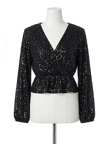 En Creme Long Sleeve Peplum Sequin Top in Black (view 1)