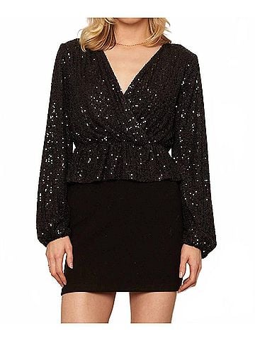 En Creme Long Sleeve Peplum Sequin Top in Black (view 2)