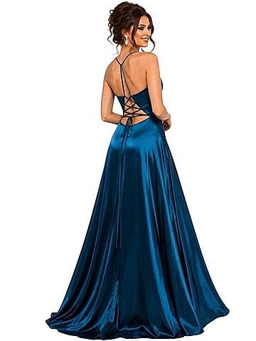 Betsy & Adam Illusion Satin Gown with Lace-Up Back Cocktail Dress (view 2)