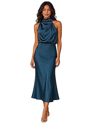 Petal and Pup Teal Satin Cowl Neck Midi Dress Casual Dress (view 1)