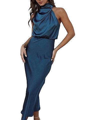 Petal and Pup Teal Satin Cowl Neck Midi Dress Casual Dress (view 2)