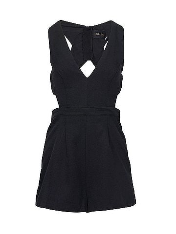 Do & Be Plunging Open-Back Satin Romper in Black (view 1)