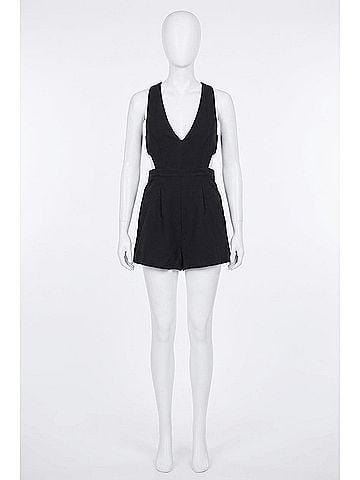 Do & Be Plunging Open-Back Satin Romper in Black (view 2)