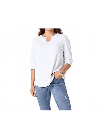 Coco + Carmen Saylor Notch Neck Elbow Sleeve Top in White (view 2)