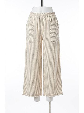 Umgee Linen Blend Wide Leg Pants With Frayed Details - Plus in Oatmeal (view 1)