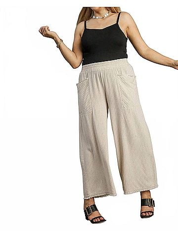 Umgee Linen Blend Wide Leg Pants With Frayed Details - Plus in Oatmeal (view 2)