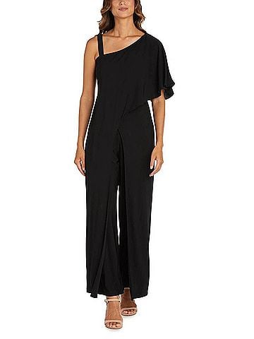 R&M Richards Draped Sleeve Asymmetric Jumpsuit in Black (view 2)