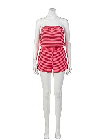LUCCA Anise Strapless Cotton-Terry Romper in Pink/Orange Stripe (view 1)