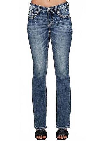 Miss Me Women's Mid Rise Boot Cut Cross Stitch Jeans in Vintage Blue (view 2)