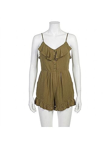 LoveRiche Chic Ruffled Romper in Olive Green (view 1)
