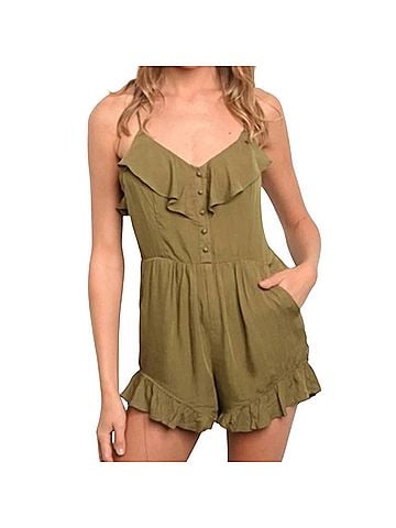 LoveRiche Chic Ruffled Romper in Olive Green (view 2)