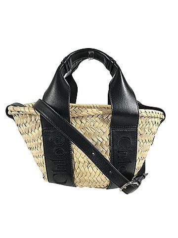 Chloé Chloé Chloe Sense Mini Basket Bag, Tote 2-Way Shoulder Handbag, Raffia Leather, Women's, Black (view 1)