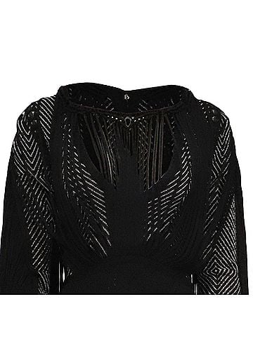 Herve Leger Herve Leger Knitted Fringed Long Sleeve Maxi Dress in Black Rayon (view 2)