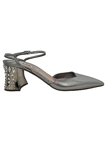 Miu Miu Miu Miu.Pointed-Toe Jewel-Embellished Slingback Block Heels in Silver Leather (view 1)