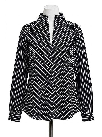 Foxcroft Daphne Stripe Stretch Cotton Blend Pullover Shirt in Black (view 1)