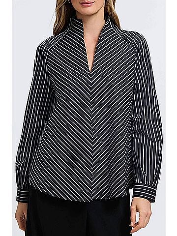 Foxcroft Daphne Stripe Stretch Cotton Blend Pullover Shirt in Black (view 2)