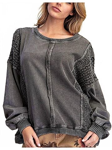 Tribal Mixed Media Crewneck Raglan Long Sleeve Pullover in Black (view 2)