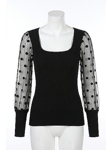 Esley Daydream Polka Dot Mesh Sleeve Top in Black (view 1)
