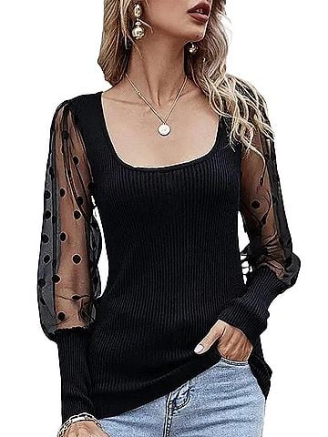 Esley Daydream Polka Dot Mesh Sleeve Top in Black (view 2)
