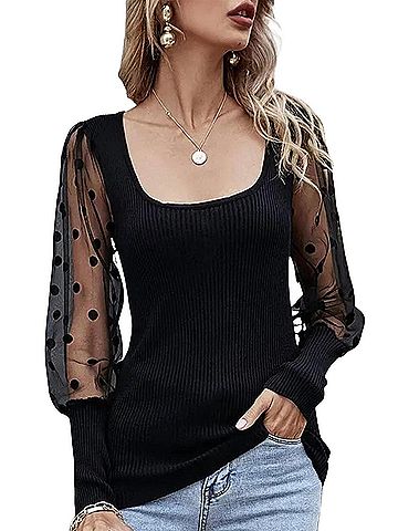 Esley Daydream Polka Dot Mesh Sleeve Top in Black (view 2)