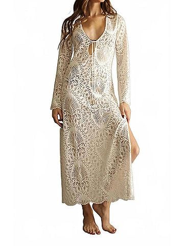 Nightcap Lanai Lace Maxi Coverup Dress in Dove (view 2)