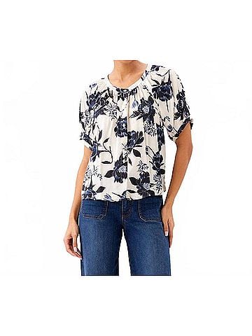 Karen Kane Satin Short Sleeve Peasant Top in Printed White (view 2)
