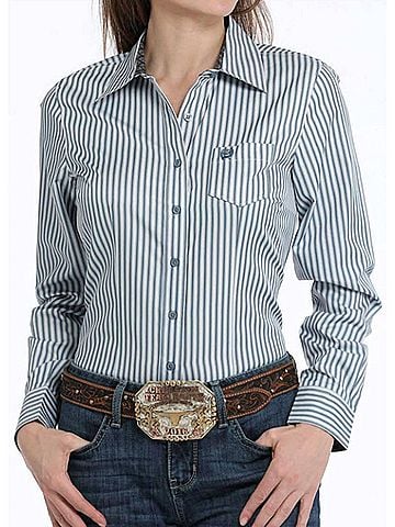 Cinch Women's Tencel Stripe Button Down Western Shirt in Blue (view 2)